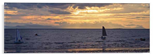 Prestwick beach boating scene at sunset Acrylic by Allan Durward Photography