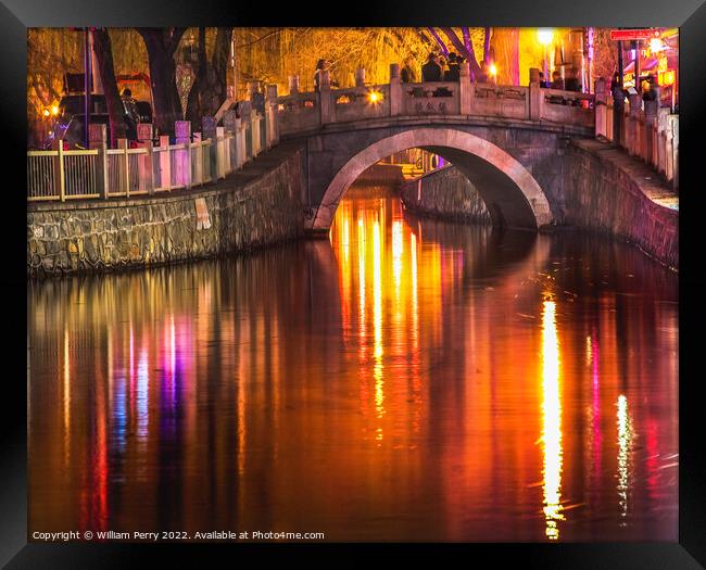 Silver Ingot Bridge Night Illuminated Houhai Lake Beijing China  Framed Print by William Perry