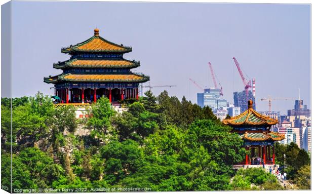 Jingshan Park Pavilions Modern Buildings Beijing China Canvas Print by William Perry