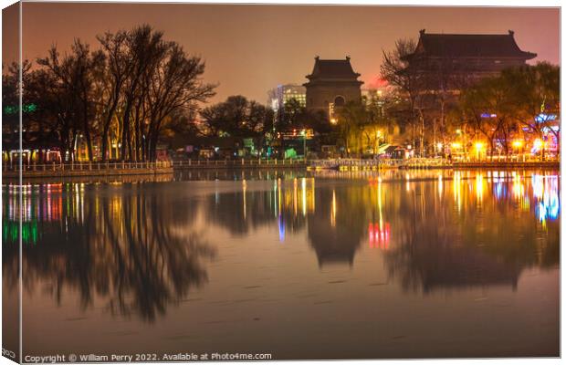 Houhai Lake Night Illuminated Drum and Bell Tower Beijing China Canvas Print by William Perry