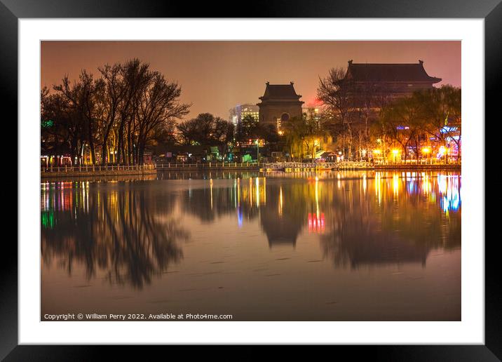 Houhai Lake Night Illuminated Drum and Bell Tower Beijing China Framed Mounted Print by William Perry