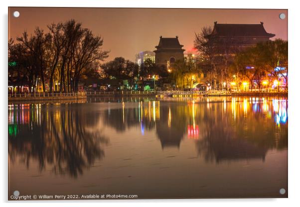 Houhai Lake Night Illuminated Drum and Bell Tower Beijing China Acrylic by William Perry