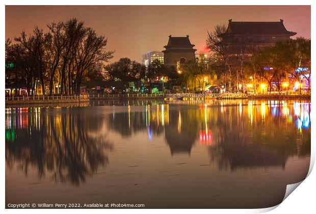 Houhai Lake Night Illuminated Drum and Bell Tower Beijing China Print by William Perry