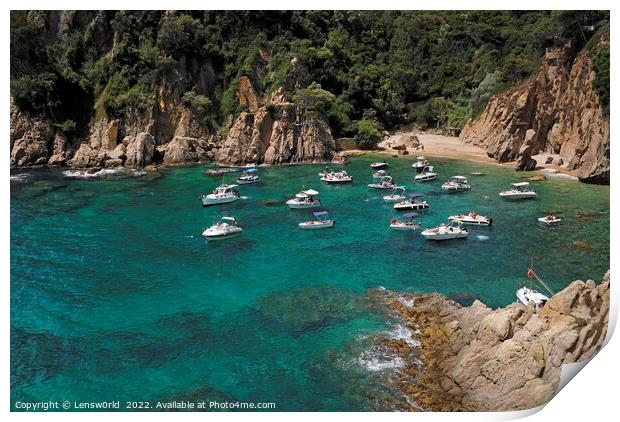 Various boats and yachts on the clear water at the Costa Brava, Spain Print by Lensw0rld 