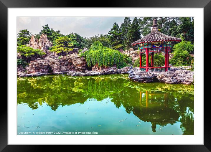 Red Pavilion Garden Pond Temple of Sun Beijing China Framed Mounted Print by William Perry