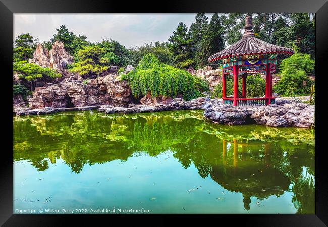 Red Pavilion Garden Pond Temple of Sun Beijing China Framed Print by William Perry
