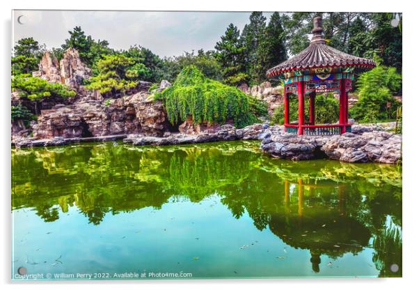 Red Pavilion Garden Pond Temple of Sun Beijing China Acrylic by William Perry