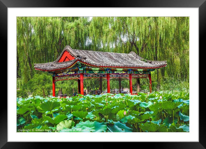 Red Pavilion Lotus Garden Temple of Sun Beijing China Framed Mounted Print by William Perry