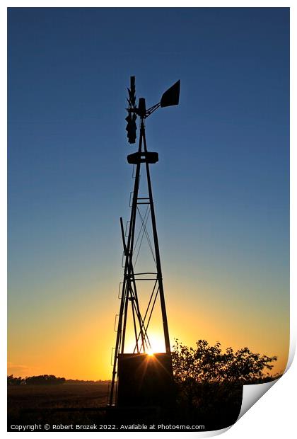 Kansas Windmill silhouette at Sunset Print by Robert Brozek