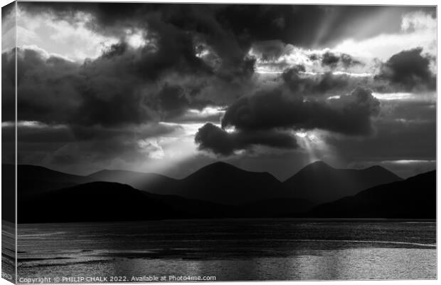Dramatic sunset over the red Cuilins on the isle of Skye in black and white. 827  Canvas Print by PHILIP CHALK