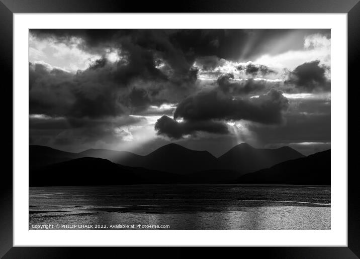 Dramatic sunset over the red Cuilins on the isle of Skye in black and white. 827  Framed Mounted Print by PHILIP CHALK