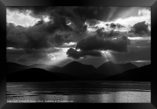 Dramatic sunset over the red Cuilins on the isle of Skye in black and white. 827  Framed Print by PHILIP CHALK