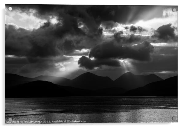 Dramatic sunset over the red Cuilins on the isle of Skye in black and white. 827  Acrylic by PHILIP CHALK