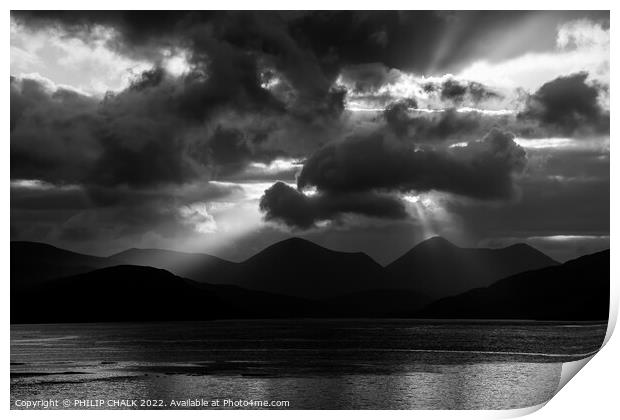 Dramatic sunset over the red Cuilins on the isle of Skye in black and white. 827  Print by PHILIP CHALK