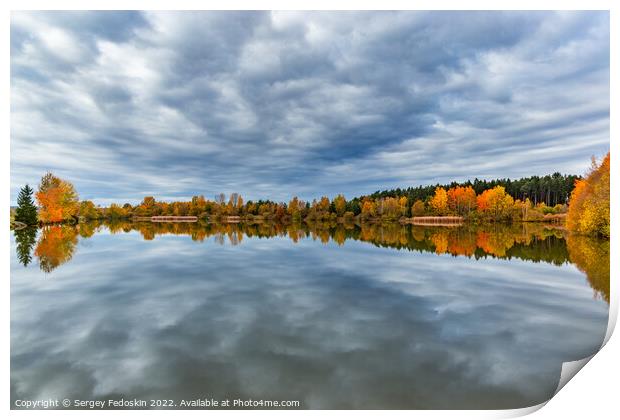 Forest lake in cloudy, autumn weather. Late fall. Europe. Print by Sergey Fedoskin