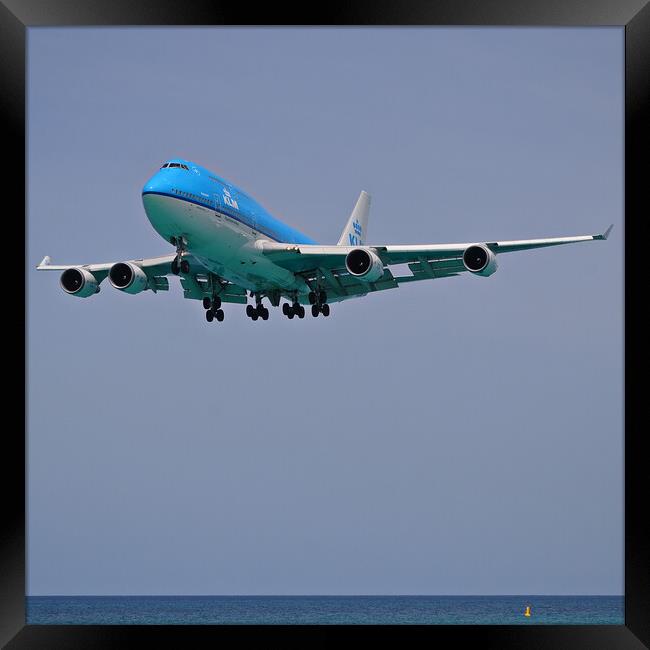 KLM Boeing 747 landing Sint Maarten Framed Print by Allan Durward Photography