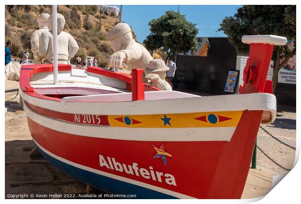 Boat and stone statues, Albufeira old town, Print by Kevin Hellon