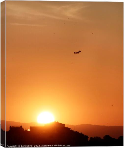 Airplane rising into the sky during sunset Canvas Print by Lensw0rld 