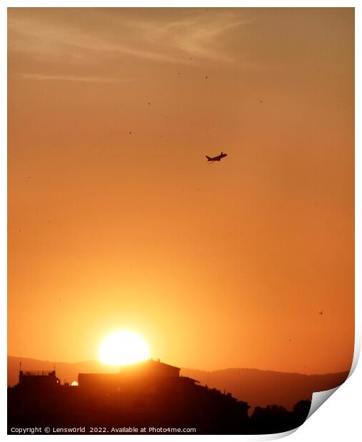 Airplane rising into the sky during sunset Print by Lensw0rld 