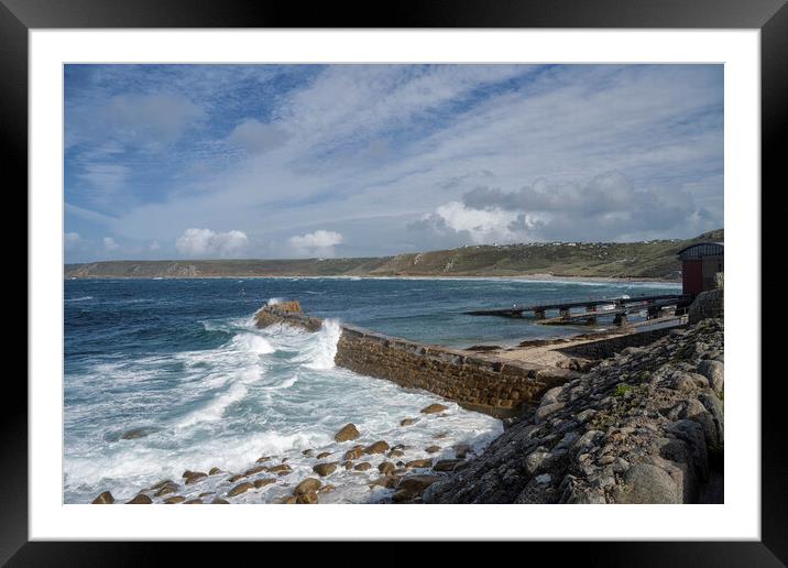 Sennen cove harbour on a stormy day Framed Mounted Print by kathy white