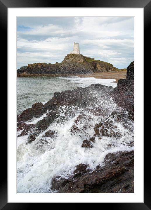 Waves breaking below Twr Mawr lighthouse, Anglesey Framed Mounted Print by Andrew Kearton