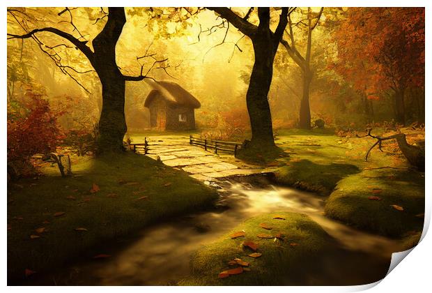 Autumnal Woodland Cottage Print by Picture Wizard