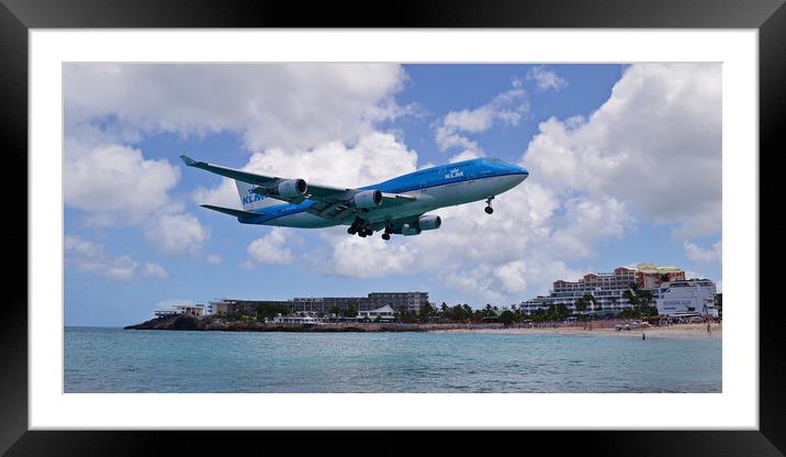 KLM Boeing 747 landing at Sint Maarten Framed Mounted Print by Allan Durward Photography