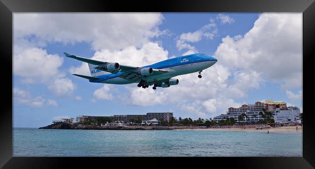 KLM Boeing 747 landing at Sint Maarten Framed Print by Allan Durward Photography