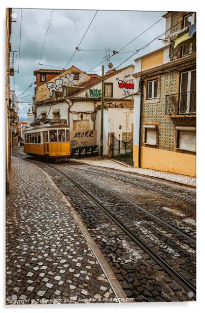 Tram 28E Alfama, Lisbon, Portugal Acrylic by Steve Elliott