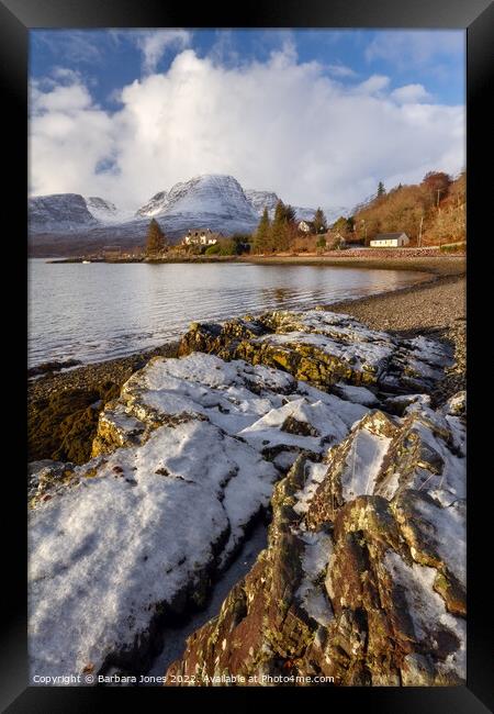Applecross Hills in Winter, Ardarroch Scotland Framed Print by Barbara Jones