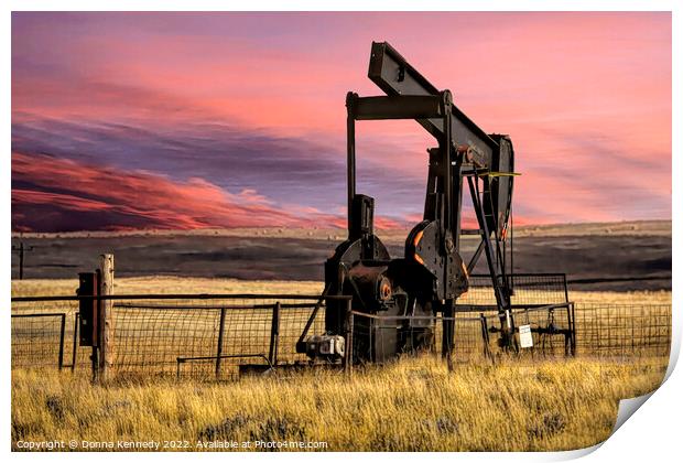 Oil Rig at Sunrise Print by Donna Kennedy