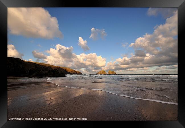 Clouds gather at Holywell Beach in Cornwall Framed Print by Rosie Spooner