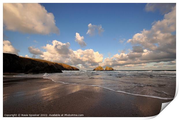 Clouds gather at Holywell Beach in Cornwall Print by Rosie Spooner