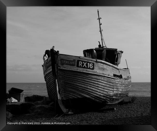 Hastings Fishing Vessel in Monochrome. Framed Print by Mark Ward