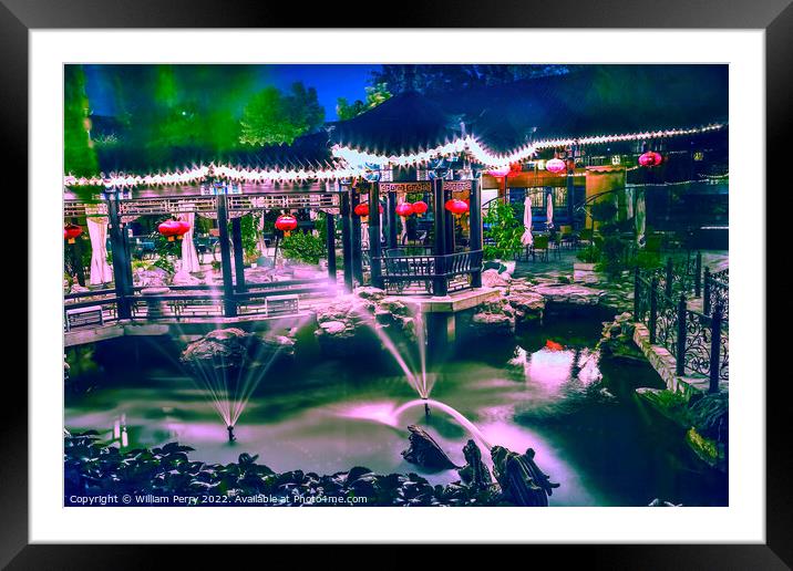 Red Lanterns Fountains Night Temple of Sun  Beijing China Framed Mounted Print by William Perry