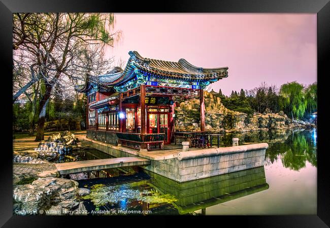 Stone Boat Temple of Sun Night Illuminated Beijing China Framed Print by William Perry