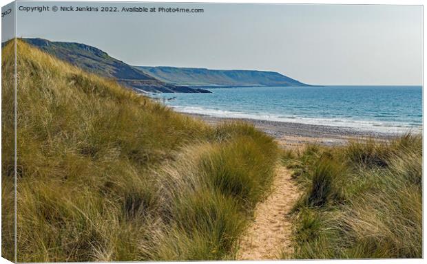 Through the Sand Dunes to Horton Beach Gower Canvas Print by Nick Jenkins