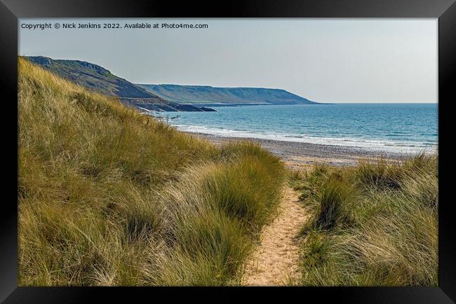 Through the Sand Dunes to Horton Beach Gower Framed Print by Nick Jenkins