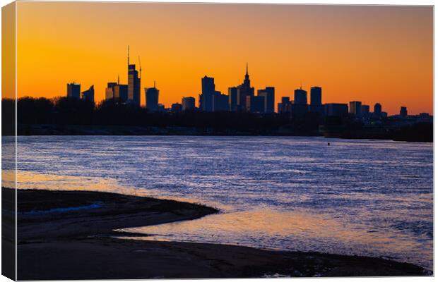 Sunset Skyline River View Of Warsaw In Poland Canvas Print by Artur Bogacki