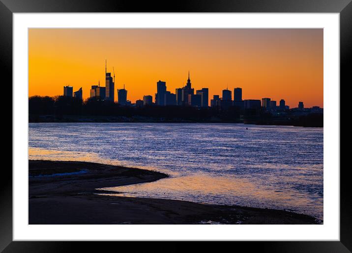 Sunset Skyline River View Of Warsaw In Poland Framed Mounted Print by Artur Bogacki