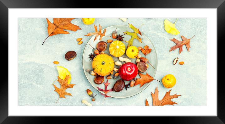 Autumn food, pumpkins and nuts. Framed Mounted Print by Mykola Lunov Mykola