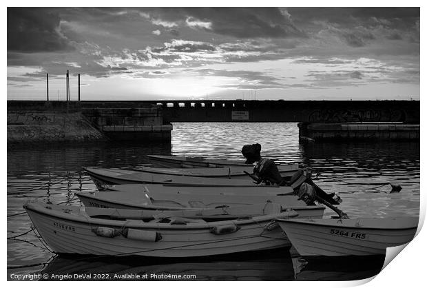Boats and Train Bridge at Faro Marina Print by Angelo DeVal