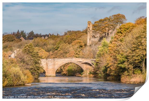 Barnard Castle County Bridge and Castle Ruins in Autumn Print by Richard Laidler