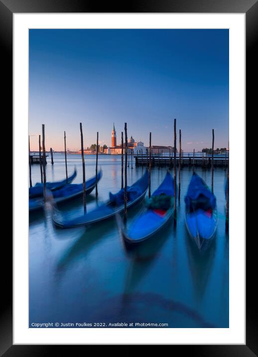 Gondolas at sunrise, Venice, Italy Framed Mounted Print by Justin Foulkes