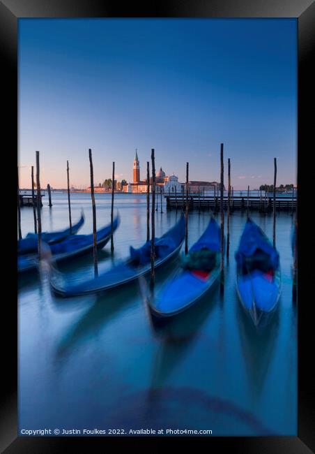 Gondolas at sunrise, Venice, Italy Framed Print by Justin Foulkes