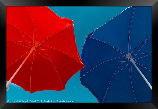 Red and Blue Beach Umbrellas Framed Print by Angelo DeVal