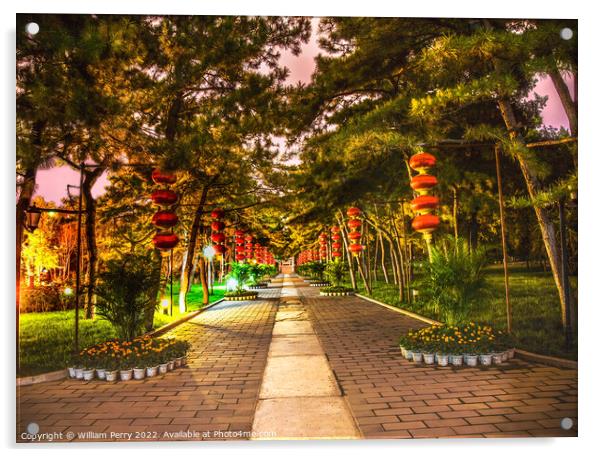 Red Lanterns Temple of Sun Park Night Beijing China Acrylic by William Perry