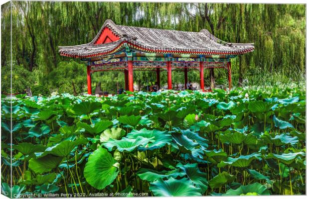 Red Pavilion Lotus Garden Temple of Sun Beijing, China Canvas Print by William Perry