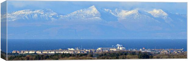 Ayrshire town of Troon and isle of Arran mountains Canvas Print by Allan Durward Photography