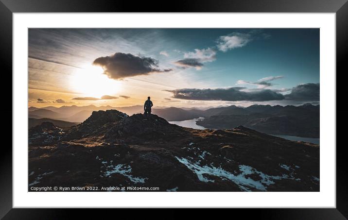 Man standing at the top of Ben Venue, Scotland in  Framed Mounted Print by Ryan Brown